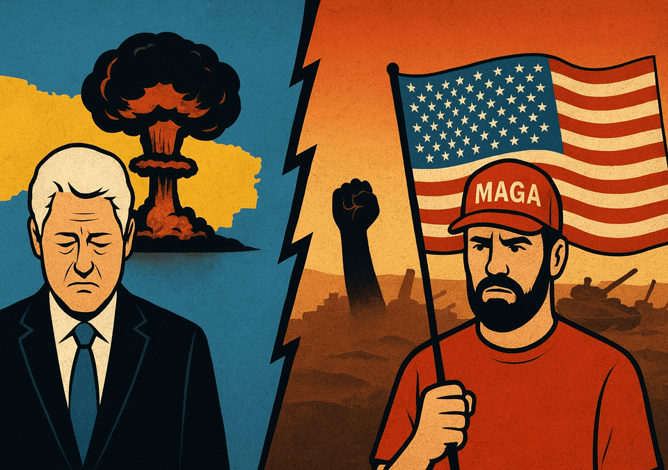 Illustration of Bill Clinton with Ukraine nuclear backdrop and MAGA supporter holding U.S. flag, symbolizing broken promises and foreign policy divide