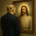 A man in a suit gazes into a mirror and sees Jesus Christ reflected back, symbolizing spiritual introspection and divine identity