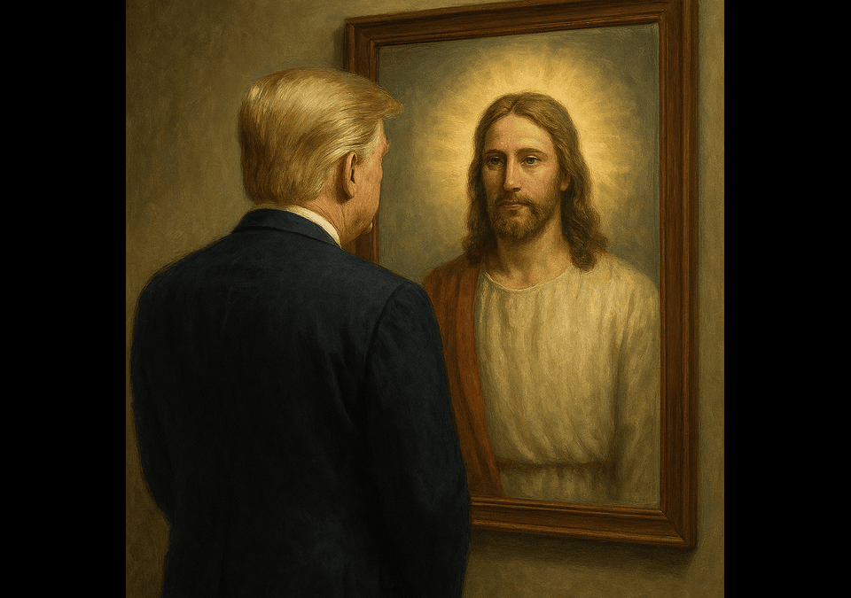 A man in a suit gazes into a mirror and sees Jesus Christ reflected back, symbolizing spiritual introspection and divine identity