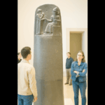 isitors observing the Code of Hammurabi stele in a museum, with cuneiform laws and divine relief carving