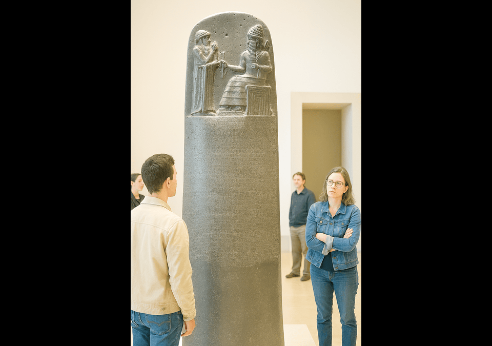 isitors observing the Code of Hammurabi stele in a museum, with cuneiform laws and divine relief carving