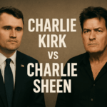 Charlie Kirk and Charlie Sheen side by side with bold text "Charlie Kirk vs Charlie Sheen"