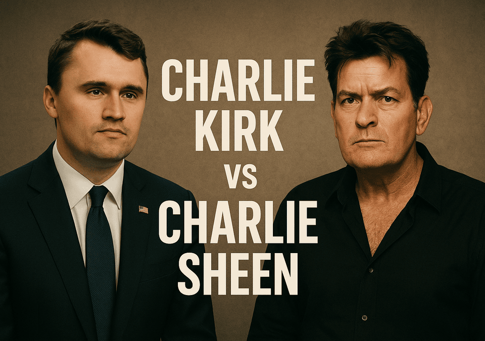 Charlie Kirk and Charlie Sheen side by side with bold text "Charlie Kirk vs Charlie Sheen"